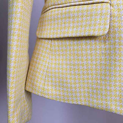 Women's Fitted Gold Lion Buttons Fitted Jacket Yellow Houndstooth Check Blazer