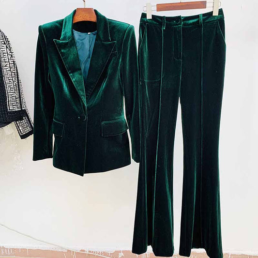 Women Velvet Green Blazer + Flare Trousers Suit