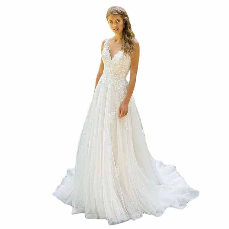 A-Line/Princess Tulle Applique V-Neck Sleeveless Sweep/Brush Train Wedding Dresses
