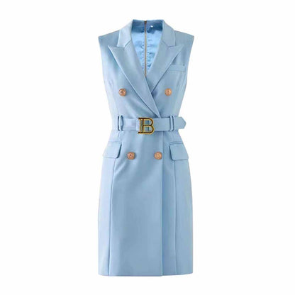 Womens belted sleeveless blazer mini dress double breasted dress