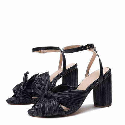 Women Pleated Knot Heeled Sandal with Ankle Strap Summer Bridesmaid Dress Shoes