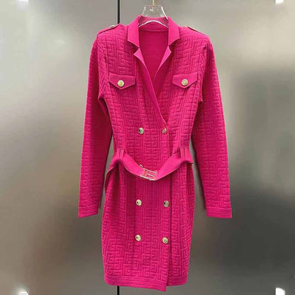 Women's long sleeve knitted minidress V-neck elegant dress with belt