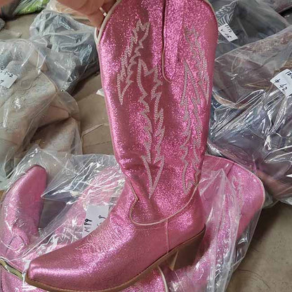 Metallic cowgirl boots for women in pink with decorative stitching, ideal for stylish outfits