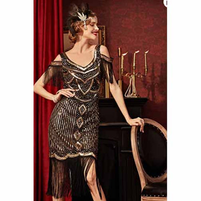 Womens 1920s Flapper Dress Vintage Long Fringe Beaded Dress
