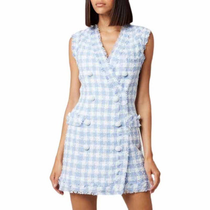 Women Houndstooth V Neck Fitted Knitted Dress Mini Vest Dress