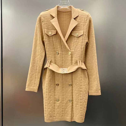 Women's long sleeve knitted minidress V-neck elegant dress with belt