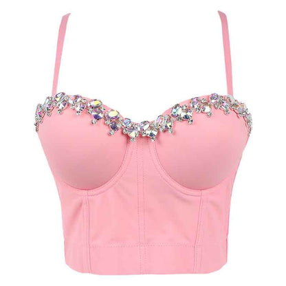 Womens Crop Tops Spaghetti Straps Beaded Push Up Corset Bra Party Top