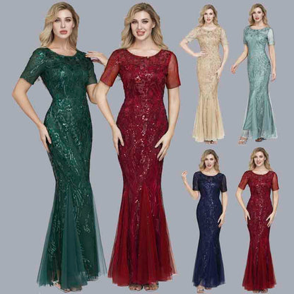 Women Maxi Sequin Bridesmaid Prom Dresses O Neck Half sleeve Party Dress
