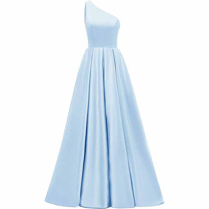 Women's One Shoulder Prom Dress Long Satin Formal Evening Ball Wedding Gowns