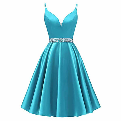 Girls Spaghetti Short Satin Prom Dress V-Neck Beaded Homecoming Evening Party Gowns