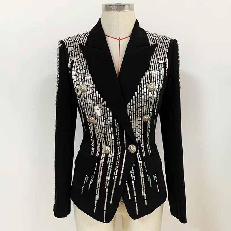 Women's Jewellry Embroidery Silver Lion Buttons Fitted Blazer Jacket Black & Red