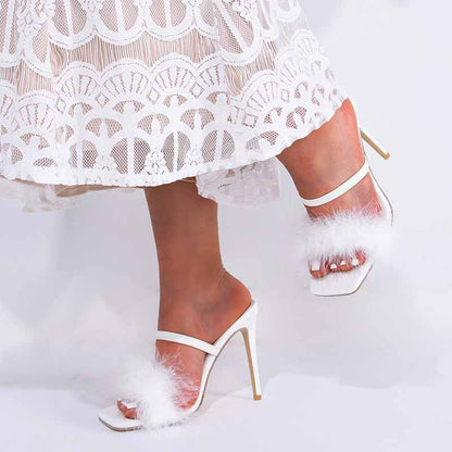 White Fluffy High Heels Slippers Shoes for a Lady to Wear to a Summer Party