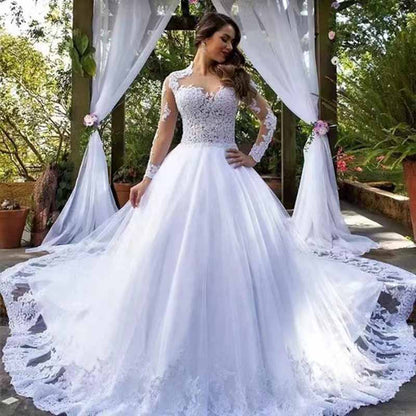 Ball Gown Cathedral Train Long Sleeves Beading Applique Tulle Wedding Dresses