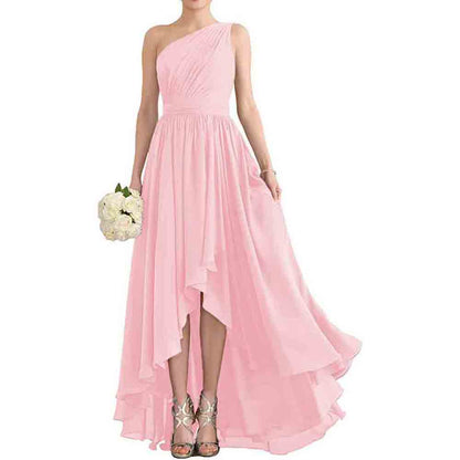 Women's One Shoulder Bridesmaid Dresses High Low Chiffon Evening Formal Gown with Pockets