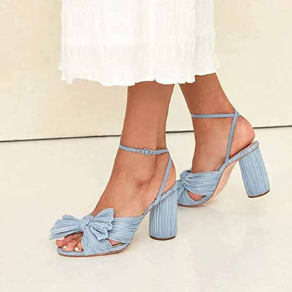 Elegant bridal bow knot heeled sandals in light blue with stylish chunky heels and ankle straps