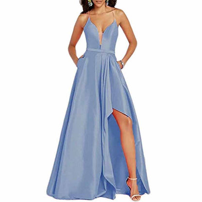 Women's Sexy Satin Deep V Neck Backless Hi Lo Prom Party Evening Dress