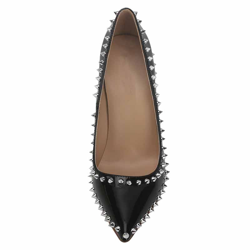 Black Rivet Studded Pointed Toe Slip on Sexy High Heel Pump Shoes