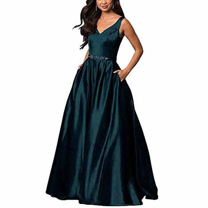 Women's Satin Bridesmaid Dress With Pocket Long Formal Evening Party Maxi Dress