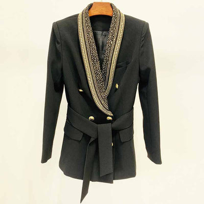 Womens Black Metal Coat Double Breasted Lion Button Blazer with Belt Outwear