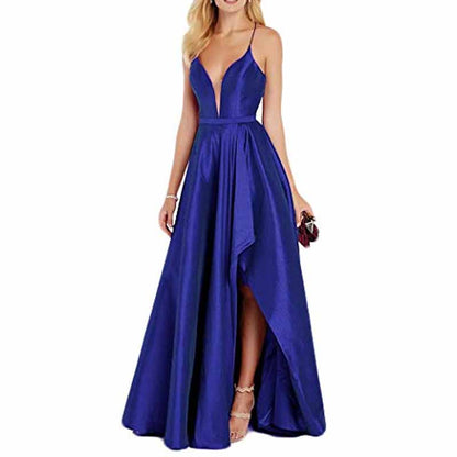 Women's Sexy Satin Deep V Neck Backless Hi Lo Prom Party Evening Dress