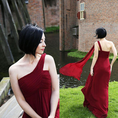 Pleat Chiffon One Shoulder Bridesmaid Dresses Long Evening Gown