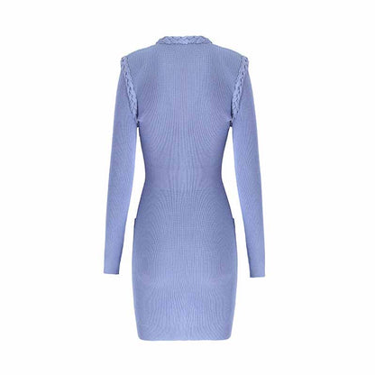 Women Lavender Button-up Knitted Minidress V Neck Mini ribbed-knit Dress