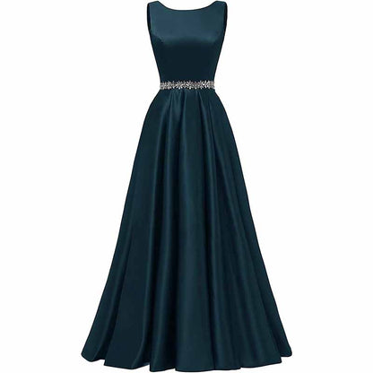 Women Long Prom Dress Satin A-Line with Beaded Belt Formal Evening Gown