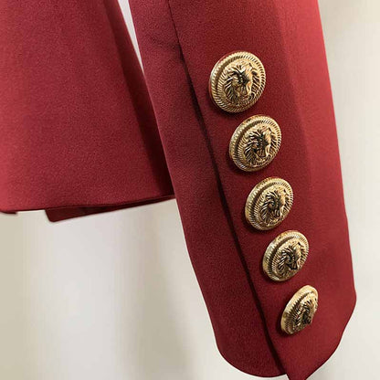 Womens Wine Red Jacket Coat Metal Lion Button Double Breasted Slim Blazer