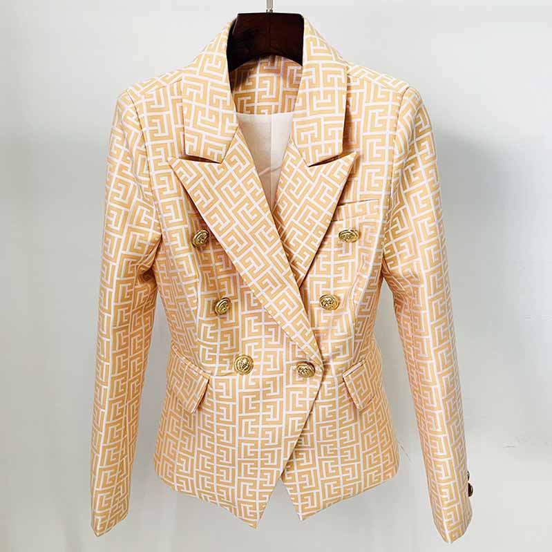 Women's Fashion Blazer Labyrinth Pattern Jacket Coats with Gold Buttons