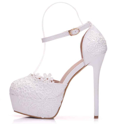 Women's Strappy White Wedding Pumps Lace Bridal Shoes