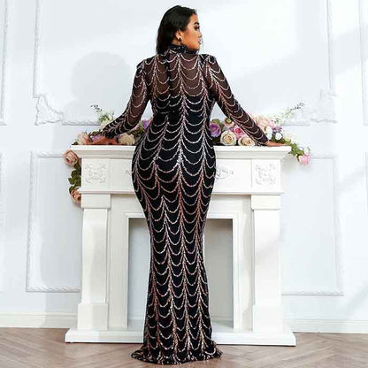 Women Plus Size Black Sequin Evening Dresses Long Formal Maxi Dresses
