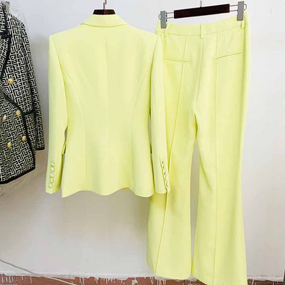 Women Light Yellow Blazer + Flare Trousers Suit Two Piece Pantsuits