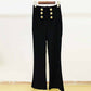 Women Hight Waisted Formal Pants Gold-tone Buttons Flare Trousers