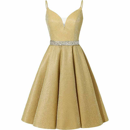 Girls Spaghetti Short Satin Prom Dress V-Neck Beaded Homecoming Evening Party Gowns