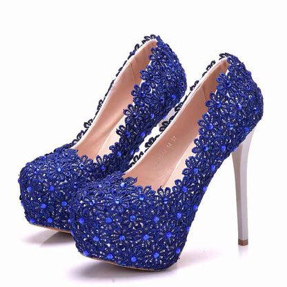Women Royal Blue Platform Pumps Wedding Shoes for Bridal with Lace