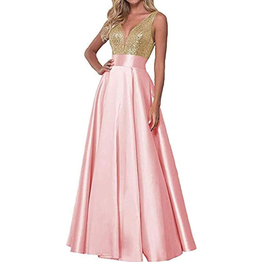 pink and gold prom dress long