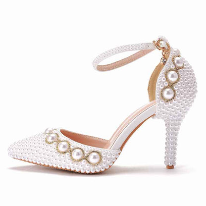 Women Pearl Studded Wedding Heels Medium Heel Bridal Wedding Party Shoes