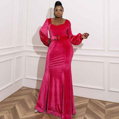 Women's plus size Velvet Mermaid Rosy Prom Dress Long Evening Party Dresses