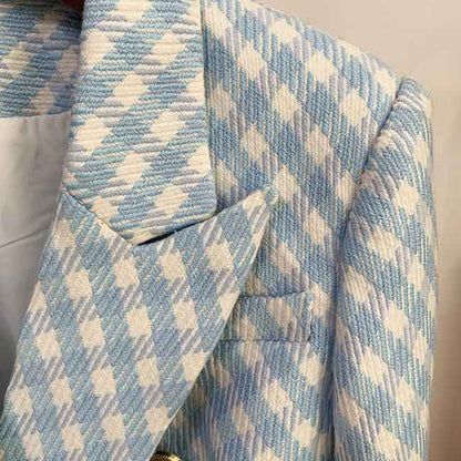 Women's Fitted Golden Lion Buttons Luxury Blue Checked Blazer