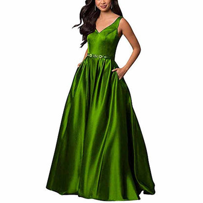 Women's Satin Bridesmaid Dress With Pocket Long Formal Evening Party Maxi Dress