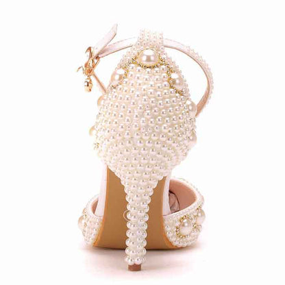 Women Pearl Studded Wedding Heels Medium Heel Bridal Wedding Party Shoes