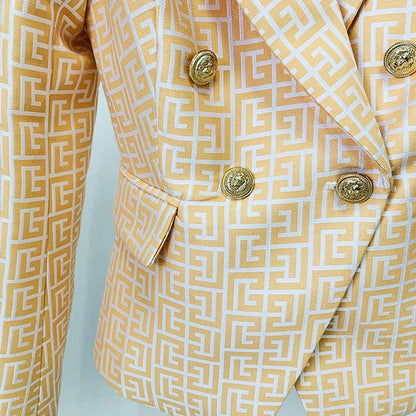 Women's Gold Blazer Labyrinth Pattern Jacket Coats with Gold Buttons