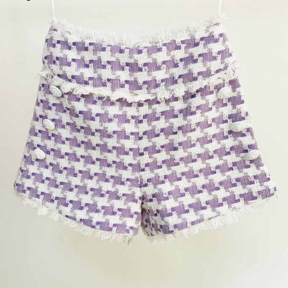 Women's Plaid Shorts Wool High Waist Houndstooth Check Tweed Shorts