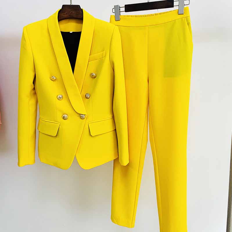 Womens Yellow Pantsuits Blazer + High Waist Nine-Point Suit Pants
