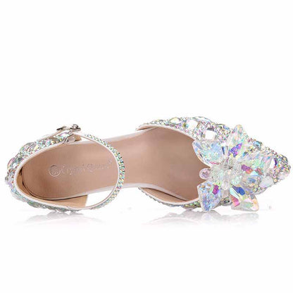 Rhinestone Sandals Pointed Toe Crystal Shoes Wedding Low Heels