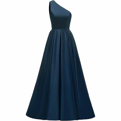 Women's One Shoulder Prom Dress Long Satin Formal Evening Ball Wedding Gowns
