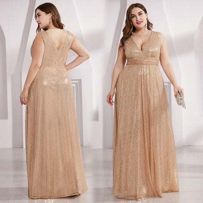 sd-hk Gold Sequin Evening Party Gowns V Neck Sleeve Prom Dress Plus Size