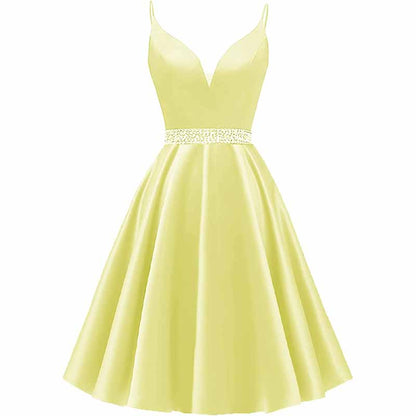 Girls Spaghetti Short Satin Prom Dress V-Neck Beaded Homecoming Evening Party Gowns