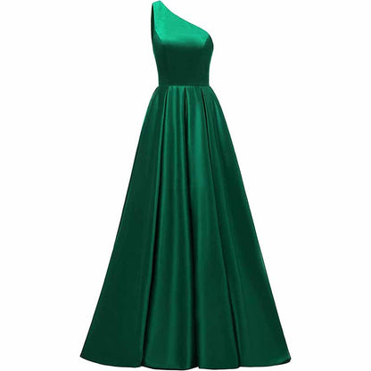 Women's One Shoulder Prom Dress Long Satin Formal Evening Ball Wedding Gowns