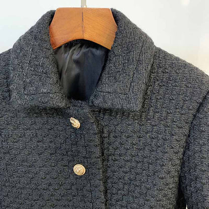 Womens Black Tweed Wool Coat Short Stand Collar Blazer Jacket